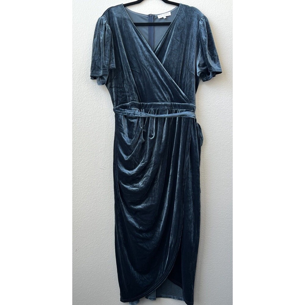 Ivy City Co Lillie Velvet Faux Wrap Midi Dress Dusty Blue Sz 1X Fully Lined